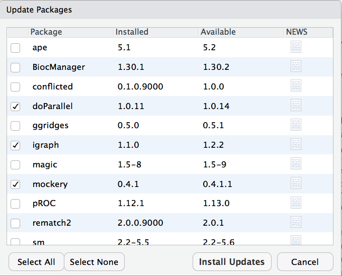 RStudio has an update dialog (Packages Tab -> Update). Check packages to update them